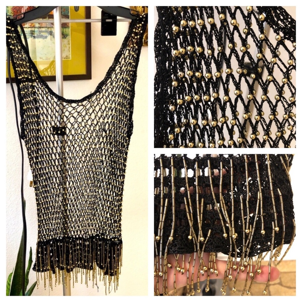 Handmade Beaded Net Tank Top Black/Gold